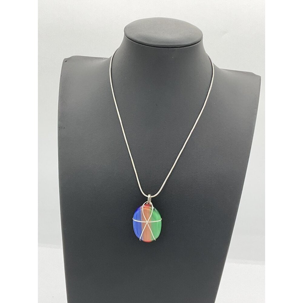 Fused Glass Rainbow Medallion Necklace Silver Tone Chain
